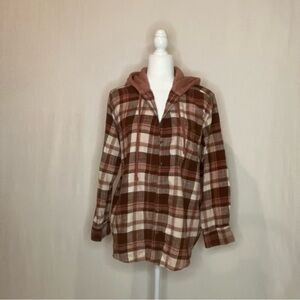 American Eagle Plaid Button-Up Hoodie/Flannel Rust Mauve Cream Button Down. Sz M